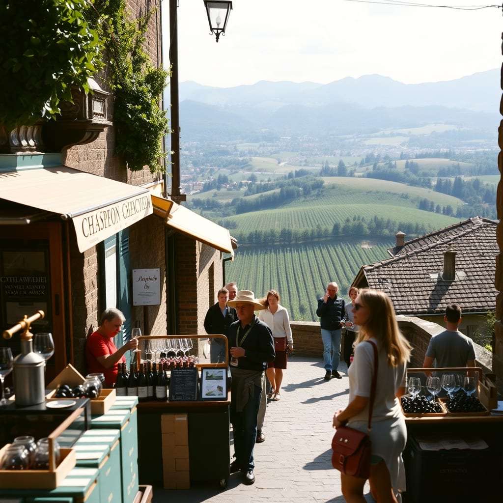 Banchi di degustazione nelle vie strette di La Morra, con la vista che si apre sulle vigne del Barolo, pomeriggio di settembre