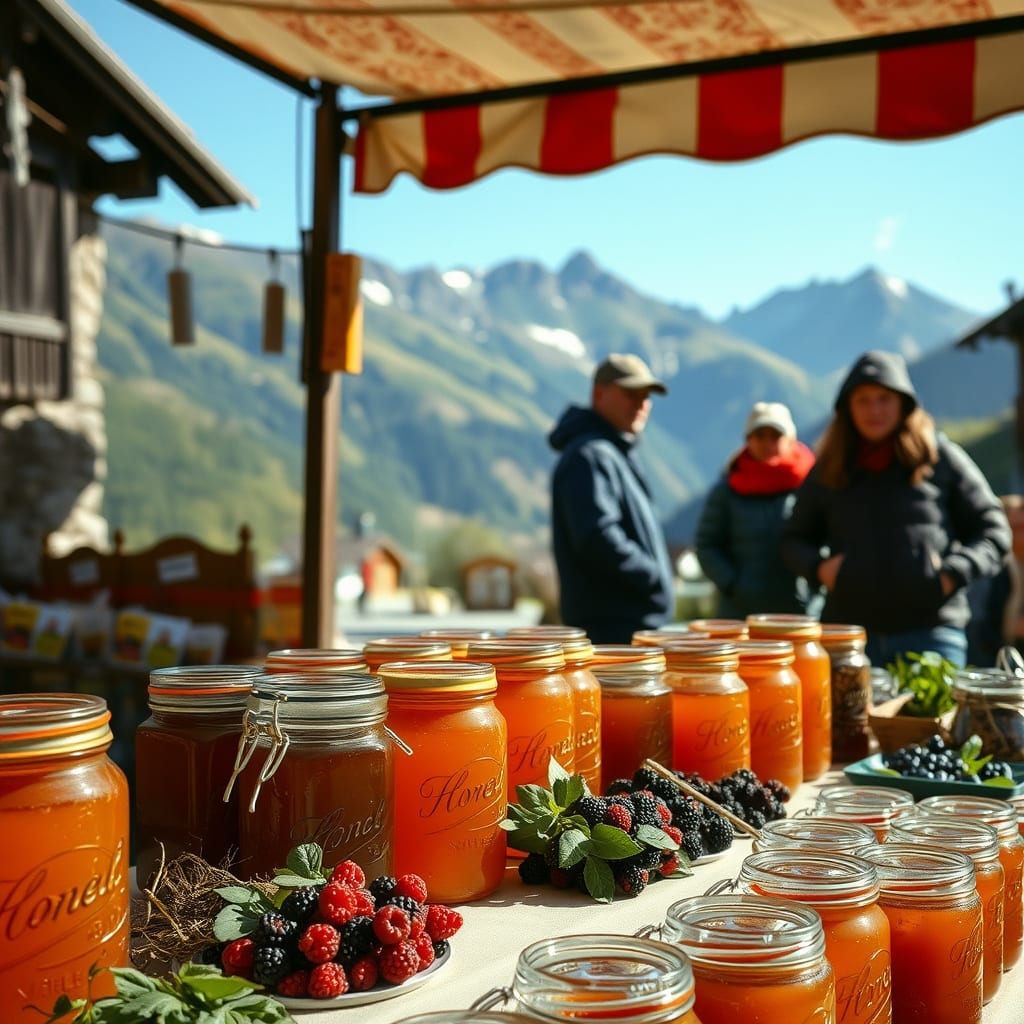 Mercato del miele di montagna in un piccolo paese alpino: vasetti di miele e frutti di bosco sui banchi, le cime intorno, mattino di settembre