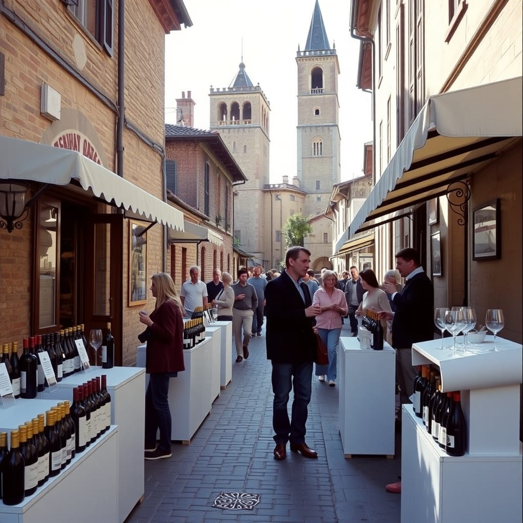 Degustazione di vino lungo una via acciottolata di Alba fra le torri medievali, banchi bianchi con bottiglie e calici, pomeriggio di settembre