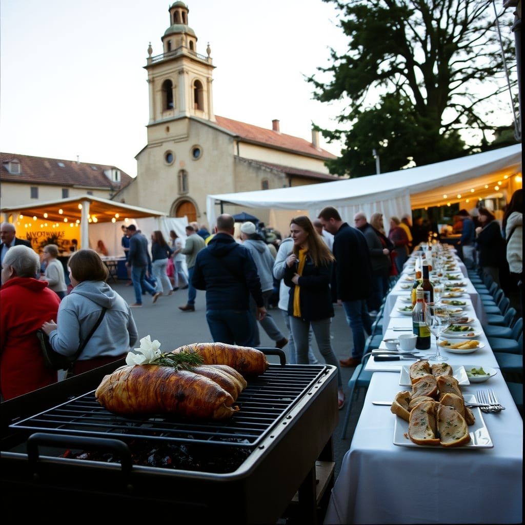 Festa di quartiere ad Alba con la porchetta sulla griglia, i tavoli lunghi e il campanile della chiesa dietro, sera di settembre