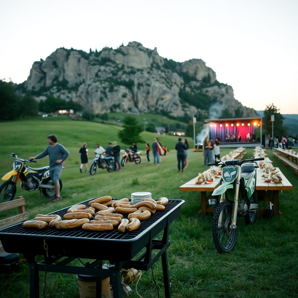 Festa di paese in un prato sotto la rocca di Cavour: griglia con salsicce e costate, tavoli lunghi, moto da cross e il palco del dj, al tramonto