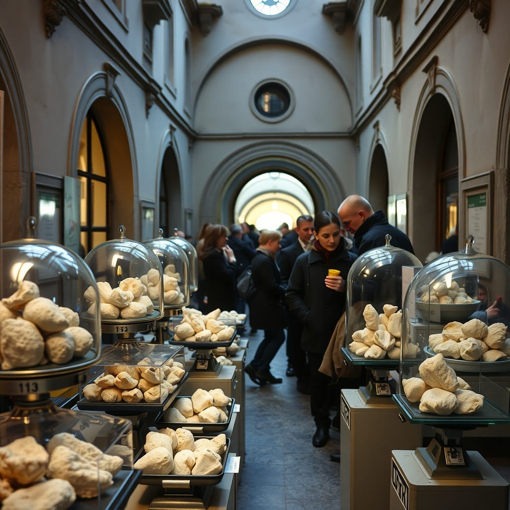 Mercato del tartufo bianco in un cortile storico di Alba: venditori dietro le teche di vetro con i tartufi sulla bilancia, visitatori che annusano