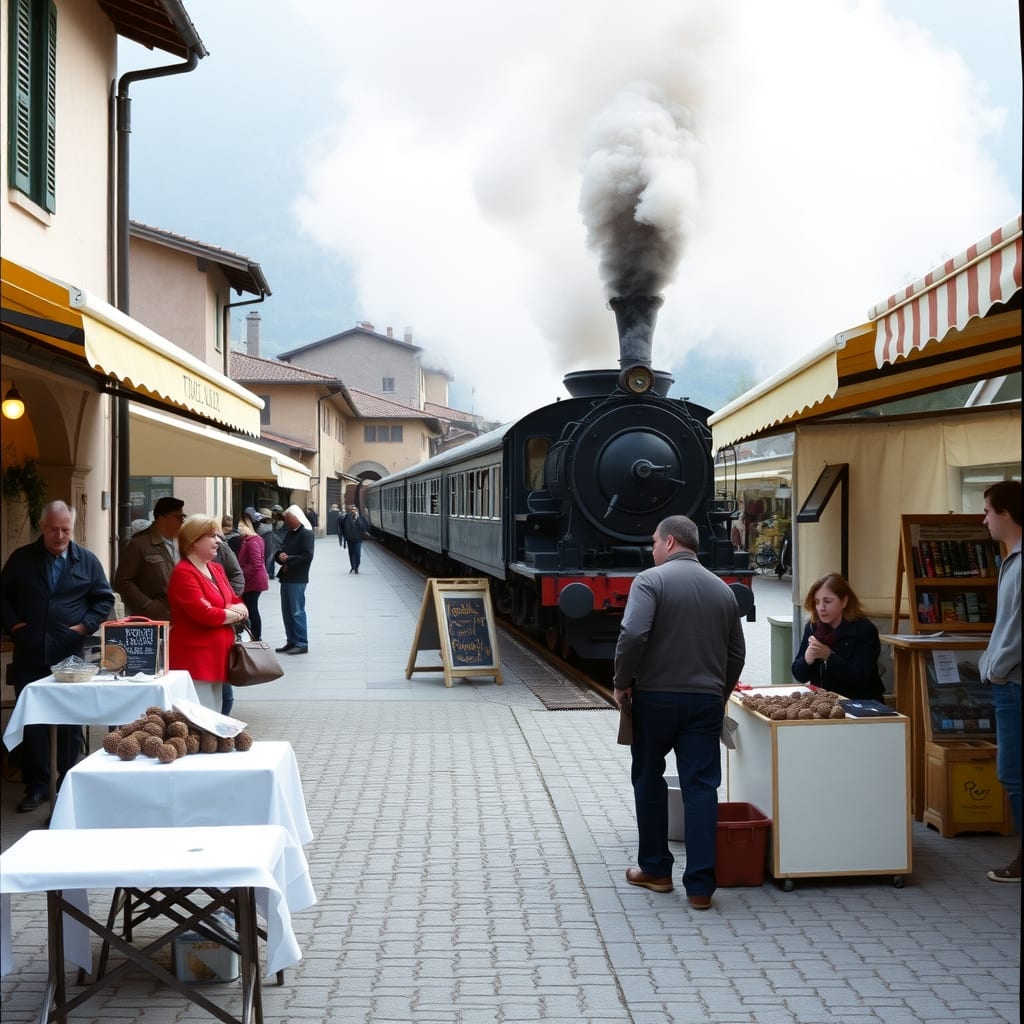 Piazza di Montiglio Monferrato con i venditori di tartufo ai tavoli e, giù alla stazione, un treno a vapore d'epoca che arriva fumando