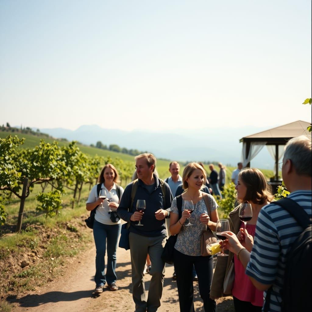 Camminata con il calice in mano su uno sterrato fra vigne e frutteti a Bricherasio, una tappa sotto il gazebo e le Alpi sullo sfondo