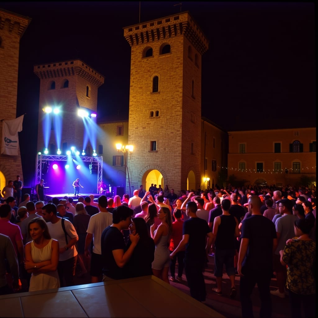Piazza medievale di Alba piena di gente che balla di notte davanti al palco del dj, con le torri di mattoni e le luci colorate