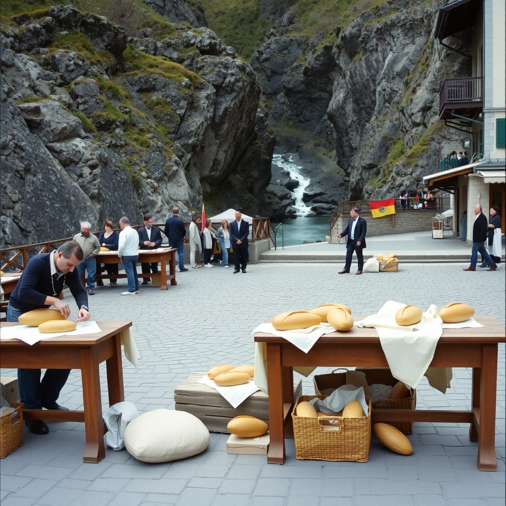 Panettieri che formano le pagnotte sui tavoli di legno nella piazza di Chianocco, con l'orrido di roccia vicino e gli sbandieratori