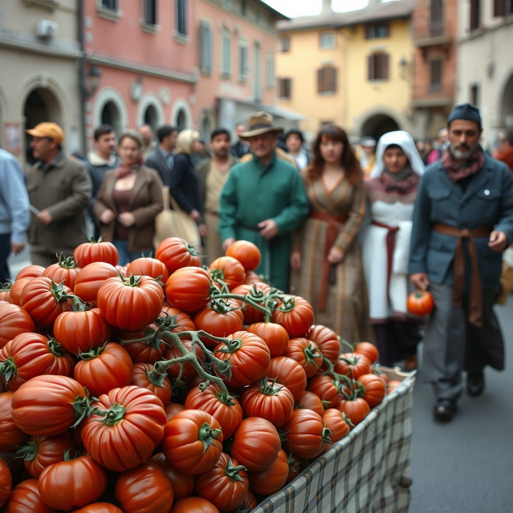 Banco del mercato colmo di pomodori costoluti rossi nella piazza di Cambiano, con dietro una sfilata di figuranti in abiti da vecchi mestieri