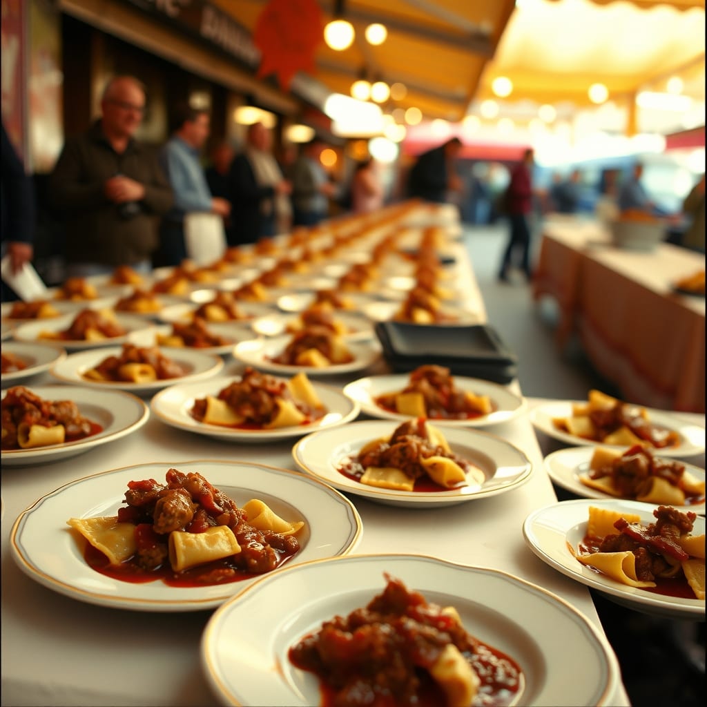 Piatti di raviolini con il sugo di brasato sulle tavolate della sagra di Cameri, nell'area mercato, di sera