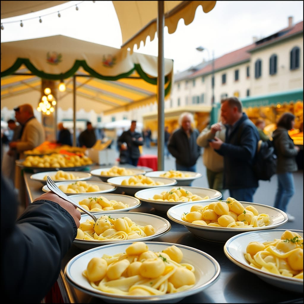 Piatti di gnocchi di patate nel padiglione della sagra di Villastellone, con il mercato dei settanta banchi nella piazza del paese