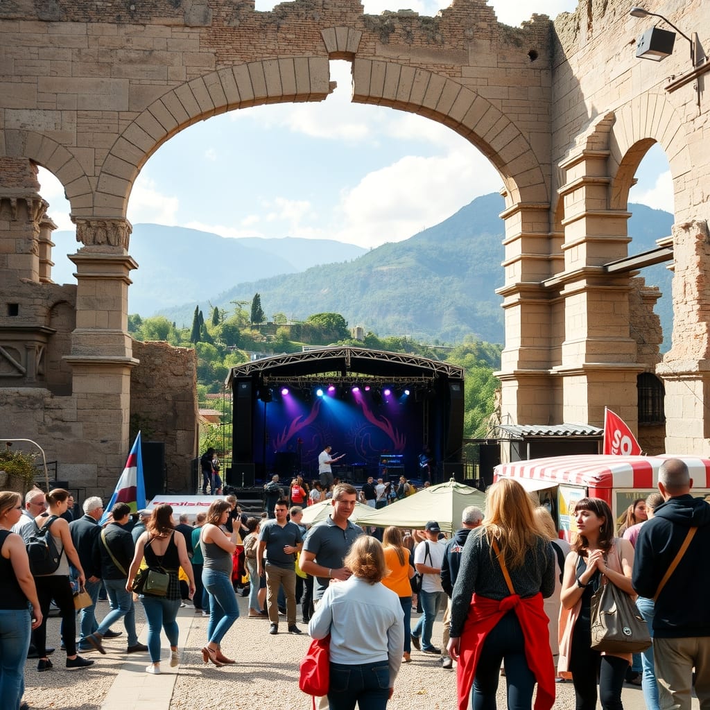 Cosplayer e un concerto rock dentro i resti dell'anfiteatro romano di Susa, con le montagne dietro e i food truck