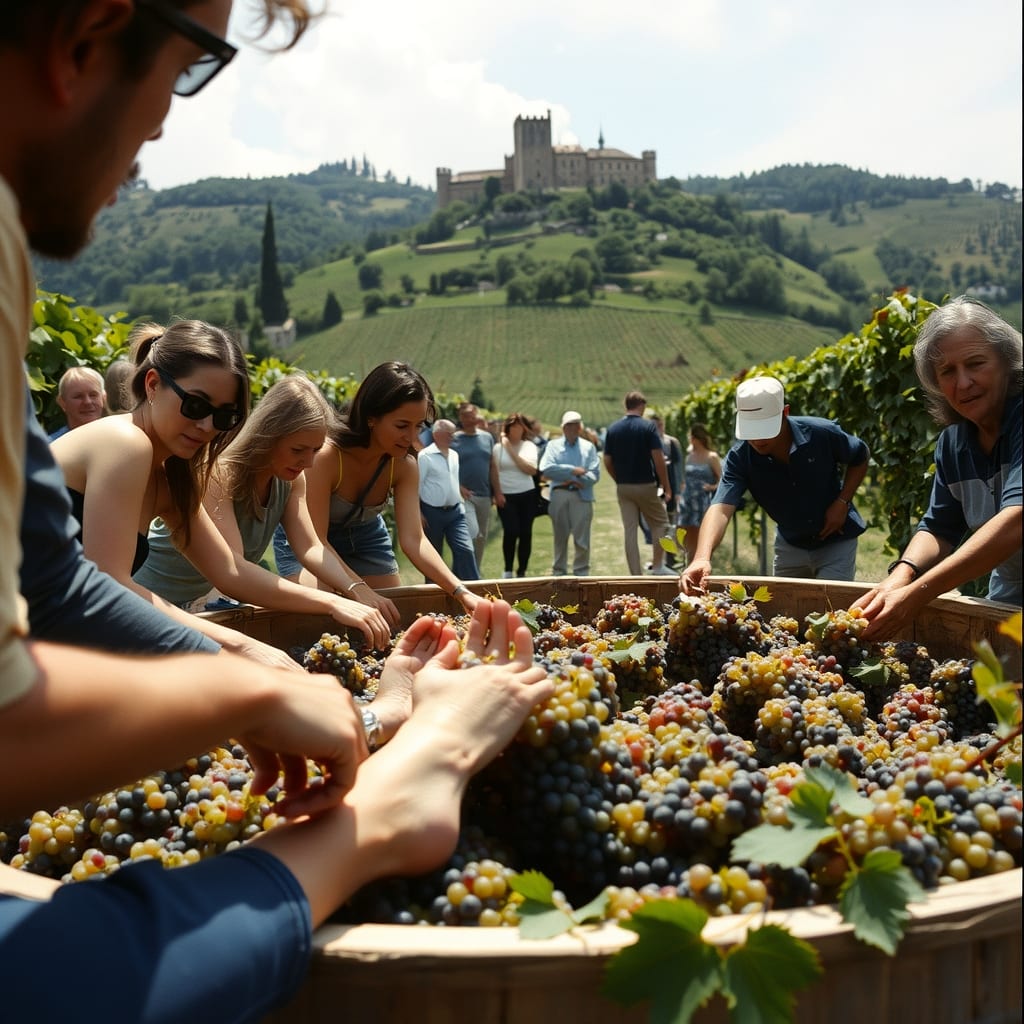 Festa della vendemmia in una tenuta storica fra le colline di Serralunga d'Alba: gente che pigia l'uva a piedi nudi nel tino, il castello dietro